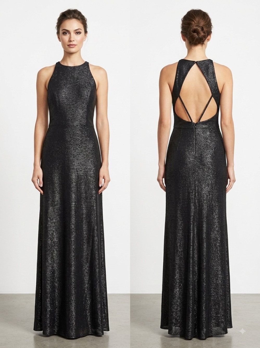 Hayley Paige Occasions 5967 Black Metallic Shimmer A-line Open Back Gown Size 10